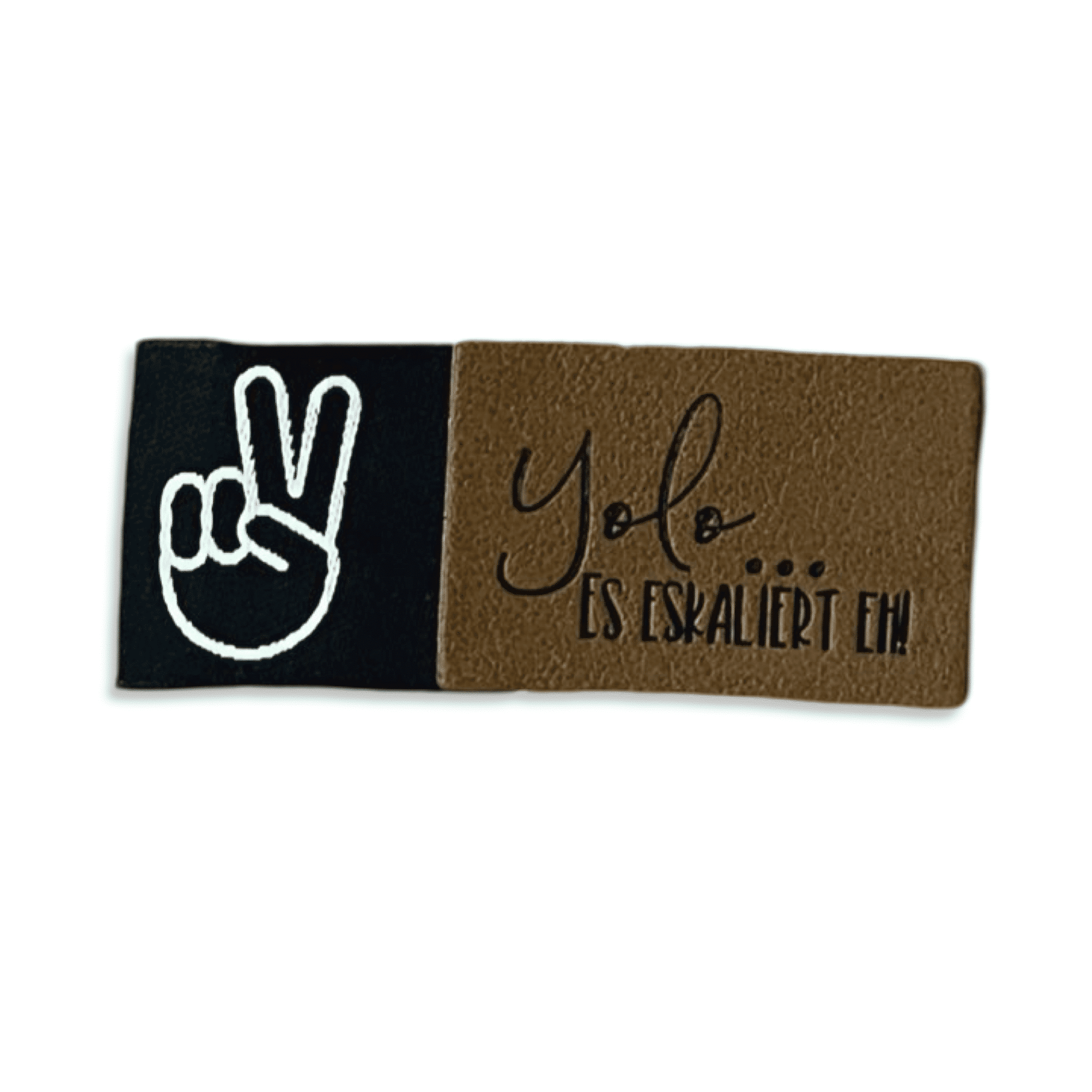 1Set Iron-on Lederlabel "Yolo-es eskaliert eh" und Weblabel "Peace Hand"