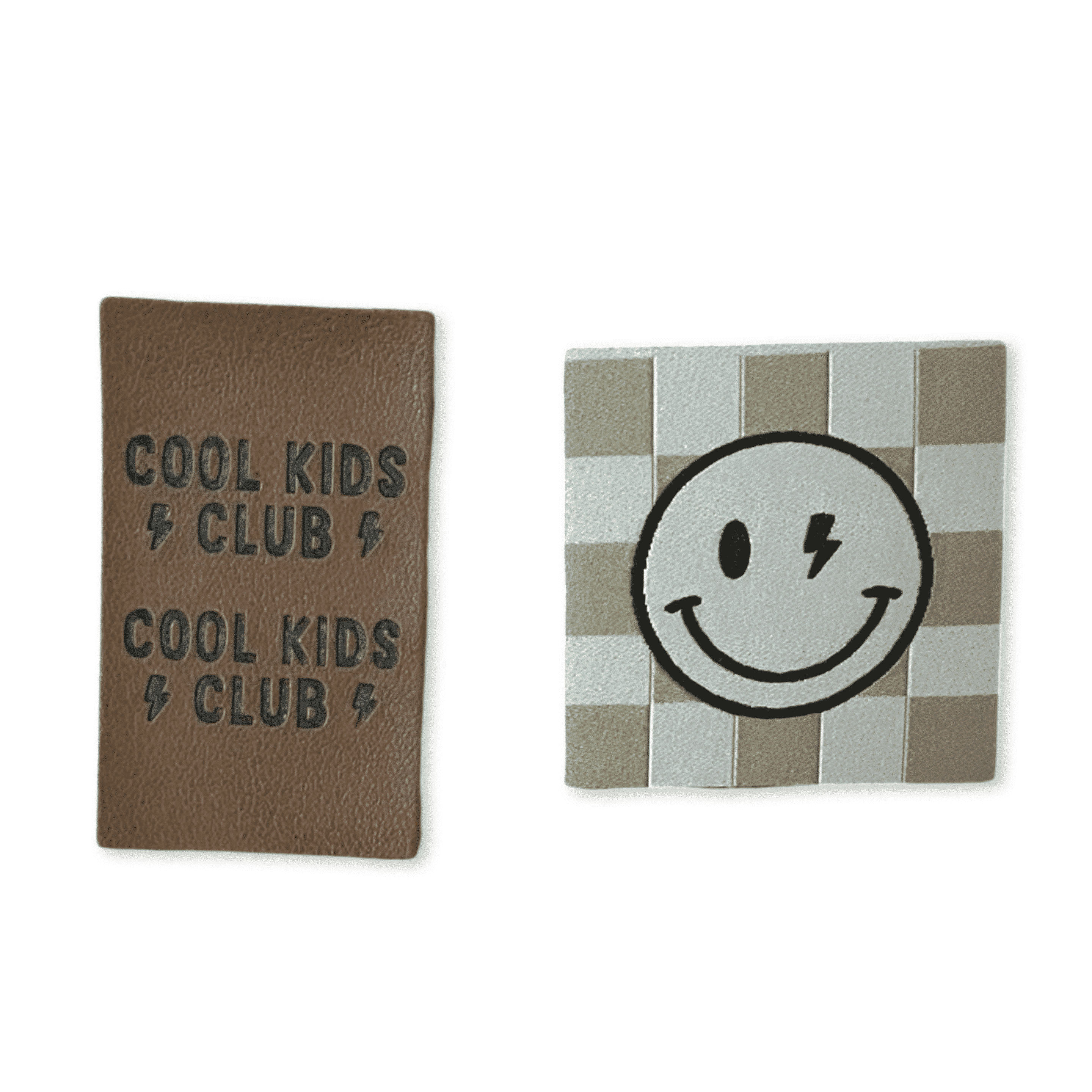 1Set Iron-on Lederlabel "Cool kids club" und Iron-on Weblabel "Smiley Blitz check"